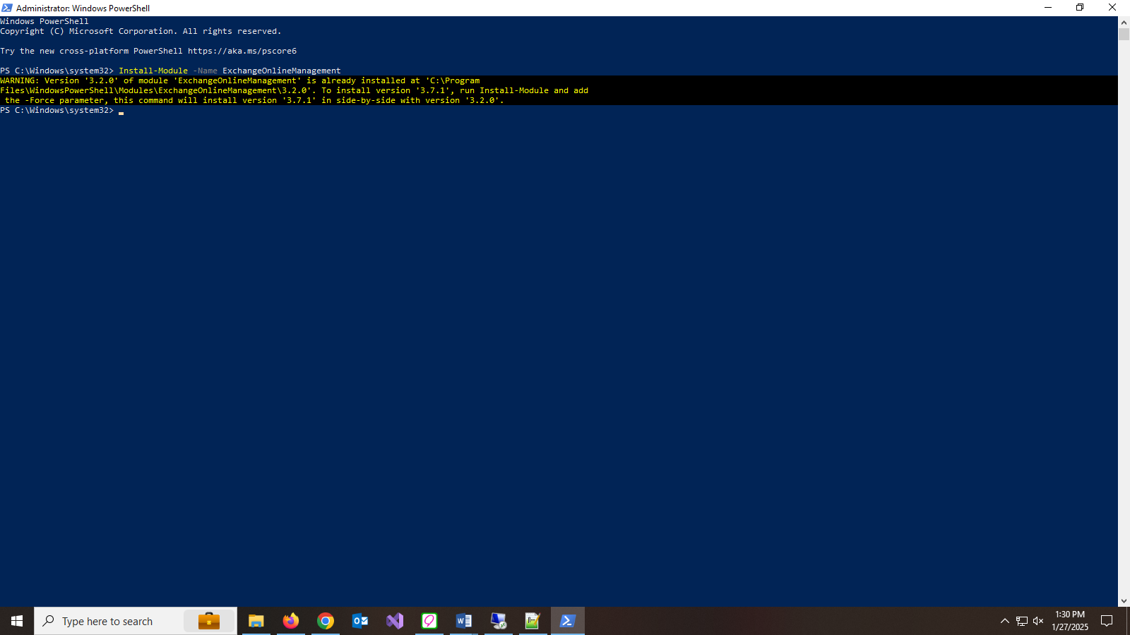 Step 1: If the Exchange Online PowerShell module is not installed, run the following command: